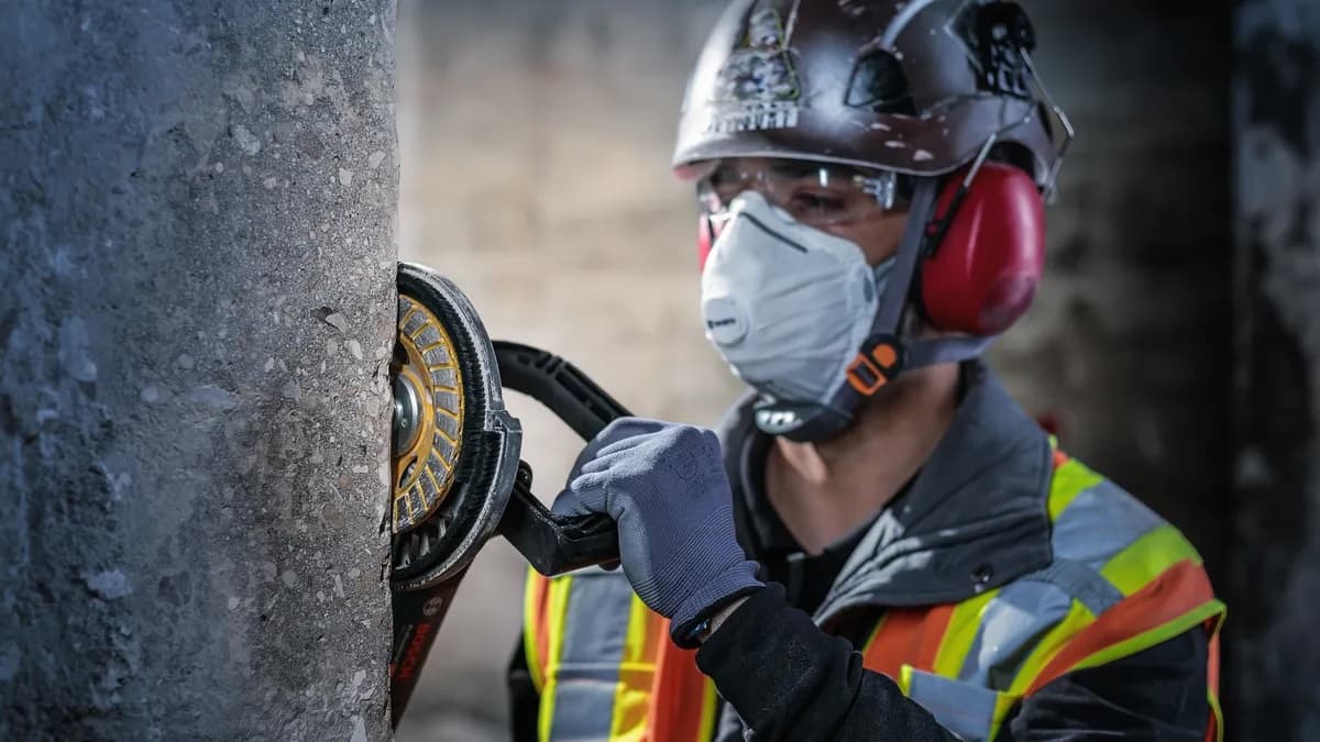 Operator using a diamond grinding tool on a concrete surface